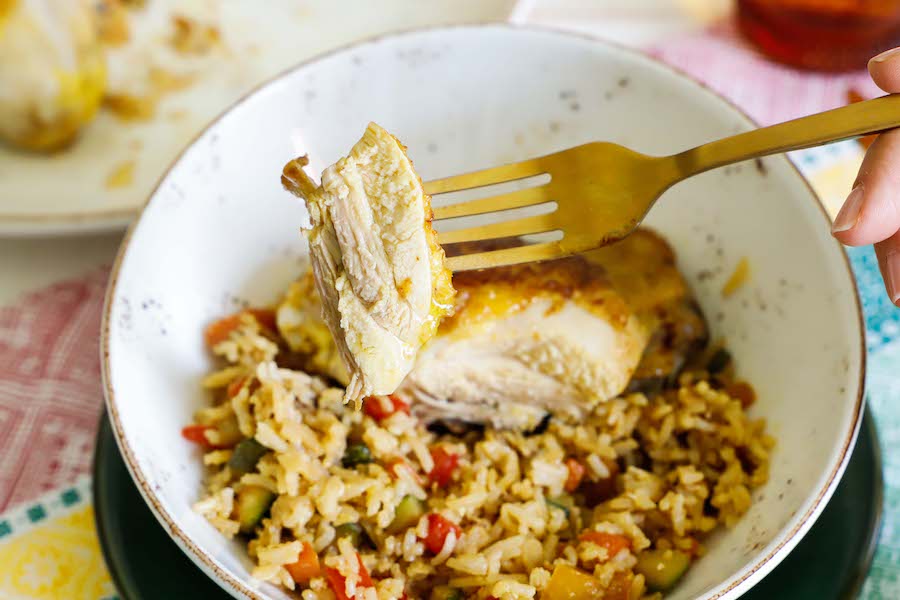 Fusi di pollo con riso crispy